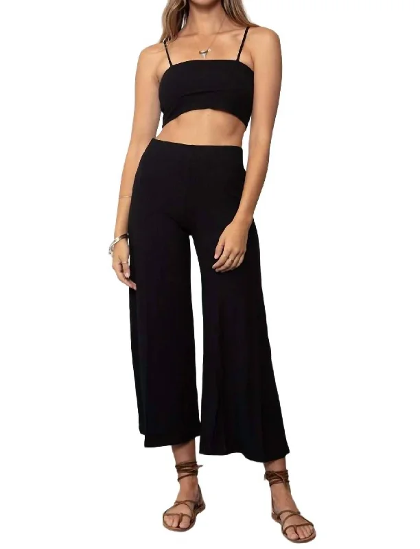 raw hem pants edgy -Rib Wide Leg Crop Pants In Black