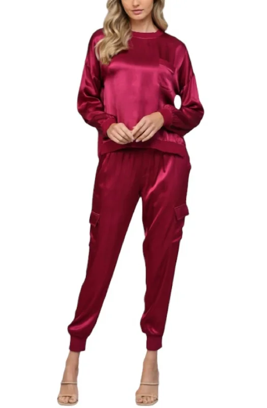 pants with pockets -Satin Ditz Diva Jogger In Maroon