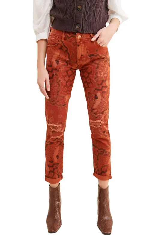 pants for cruises -Slim Boyfriend Crop Pants In Orange Motif