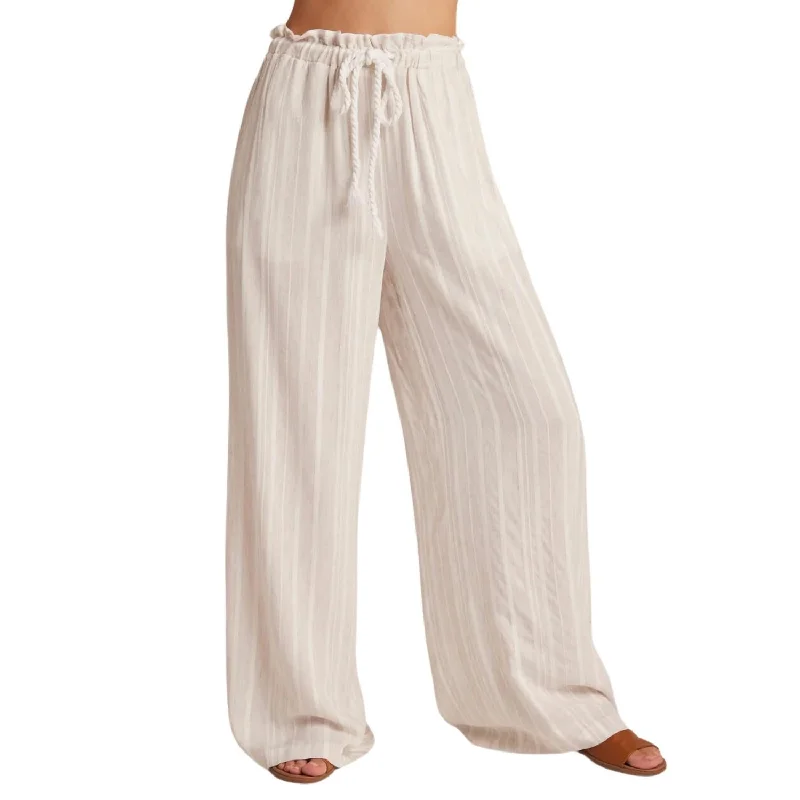 climbing pants flexible -Smocked Ruffle Waist Wide Leg Crop Pants In Sand Stripe