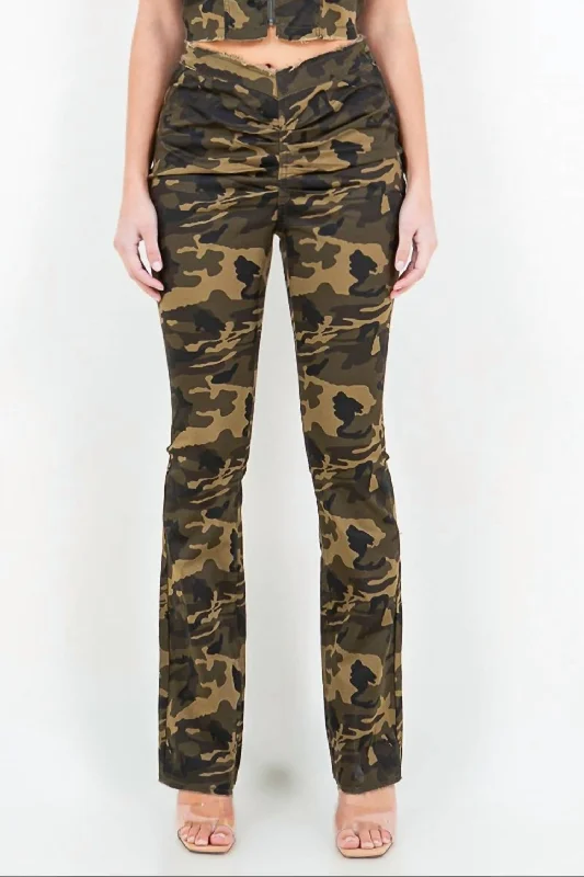 silver pants shiny -V-Cut Camo Flared Pants In Olive Camo