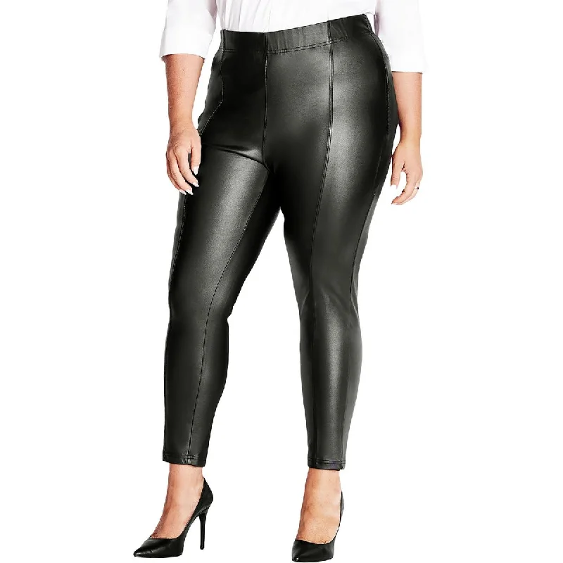 polyester pants tough -Womens Faux Leather Pull On Straight Leg Pants